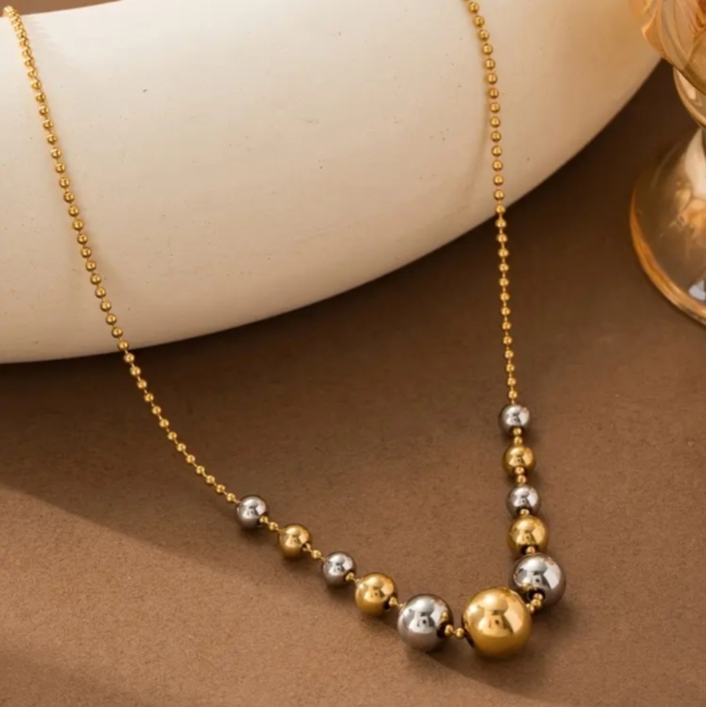 Elegant Gold Plated 2 Tone Beaded Necklace. New. Stainless Steel
